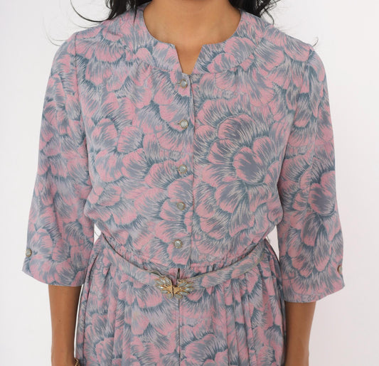 80s Silver Fashion Pink Grey Floral Blouson Dress Button Front Pleated Small S