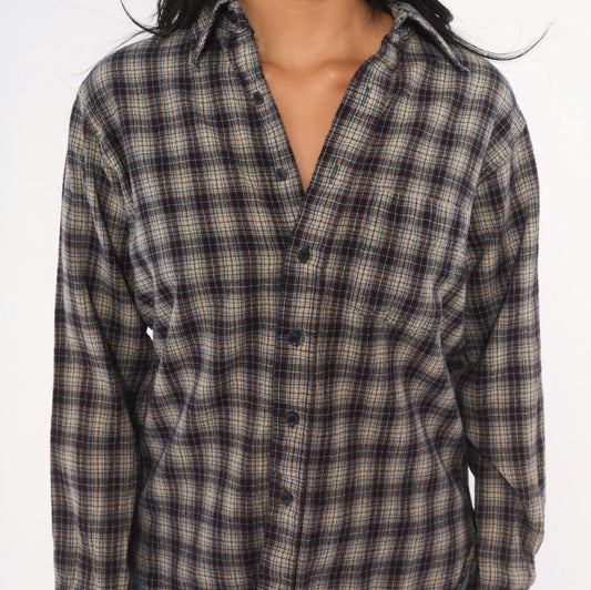 60s Sir Pendleton Wool Plaid Shirt Navy Brown Check Button Front Small