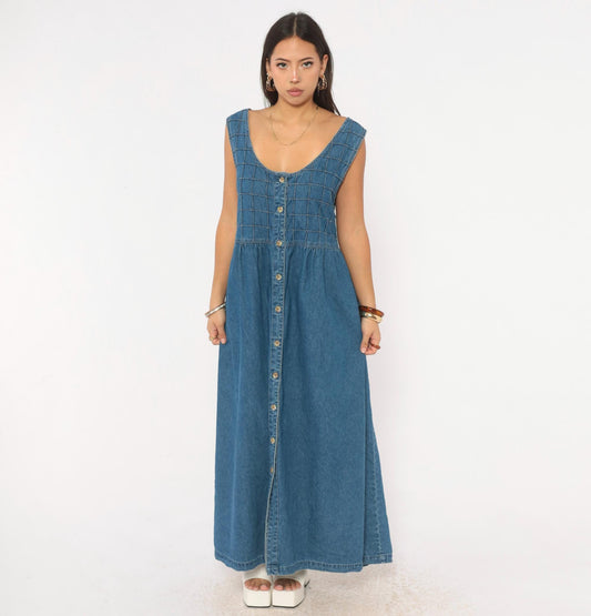 90s TY Original Wear Denim Jumper Dress Navy Cotton Quilted Bodice Plus Size 2X