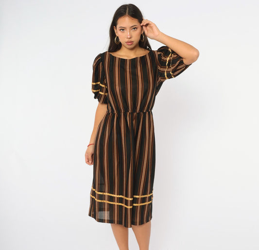 80s Jane Baar Striped Dress Puff Sleeve Gold Ribbon Trim Knee Length Small