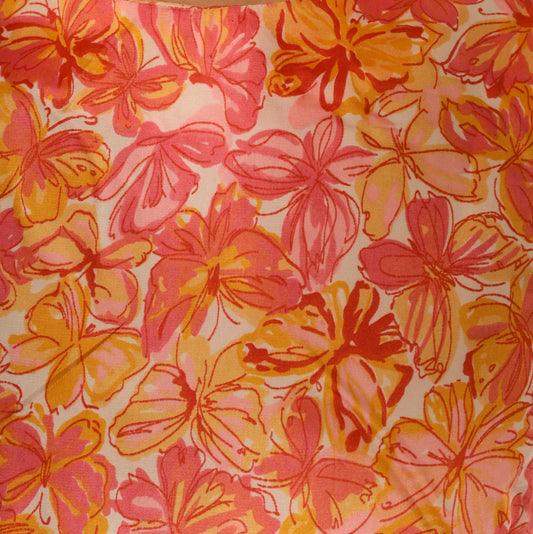 60s Butterfly Floral Sleeveless Blouse White Orange Pink Crew Neck Small