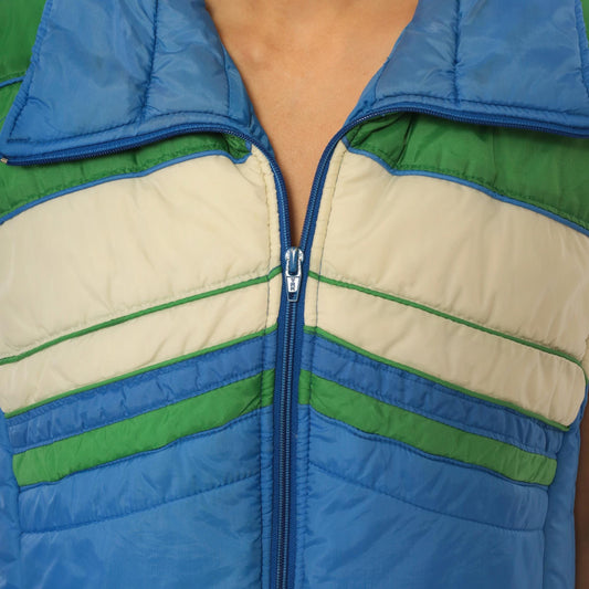 80s Sears Puffer Vest Cobalt Blue Green Chevron Quilted Zip Sleeveless Medium