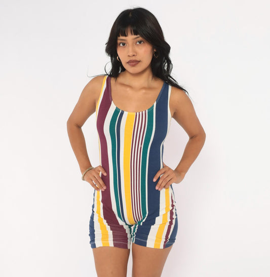 90s L.A. Sport Striped Bike Short Romper White Burgundy Scoop Neck Small