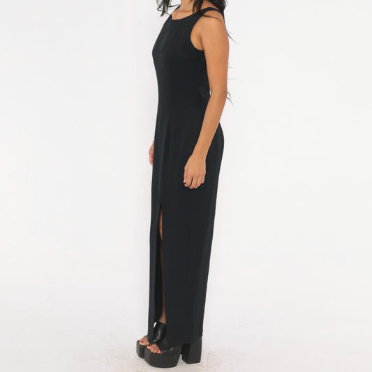 90s Gunne Sax Black Maxi Dress Sleeveless Scoop Neck Cutout Back Small S
