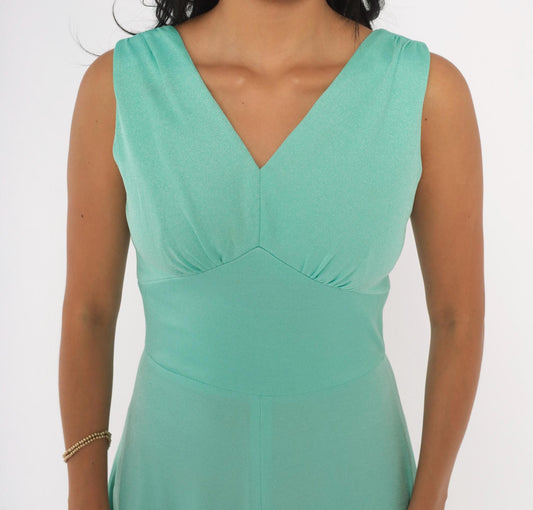 70s Mint Green Maxi Dress Sleeveless V-Neck Empire Waist A-Line Small