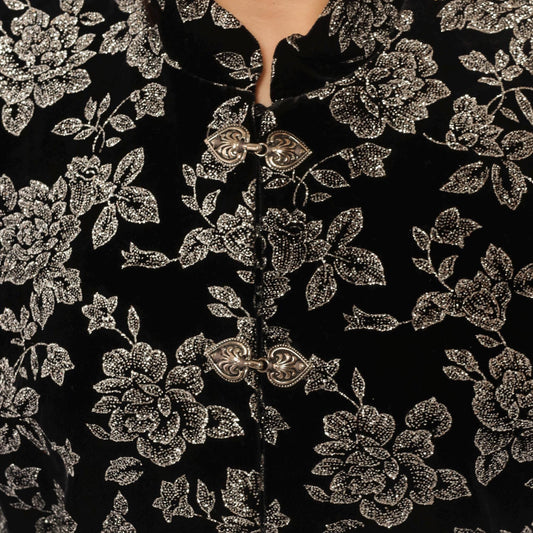 90s Black Velvet Jacket Silver Glitter Floral Mandarin Collar Large L