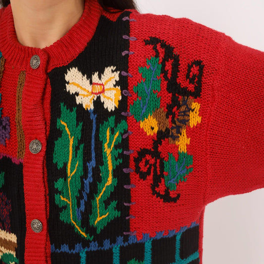 90s Hand Knit Cardigan Red Garden Scene Intarsia Floral Button Front Medium