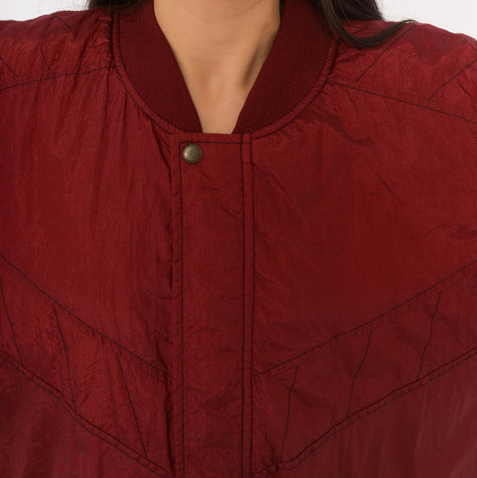 80s Burgundy Bomber Jacket Nylon Windbreaker Snap Collar Lined Large L