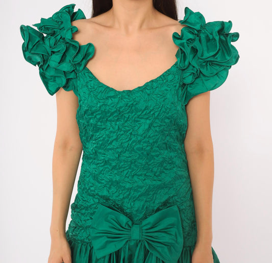 80s Teal Prom Dress Ruffled Shoulder Drop Waist Bow Front Midi Medium M