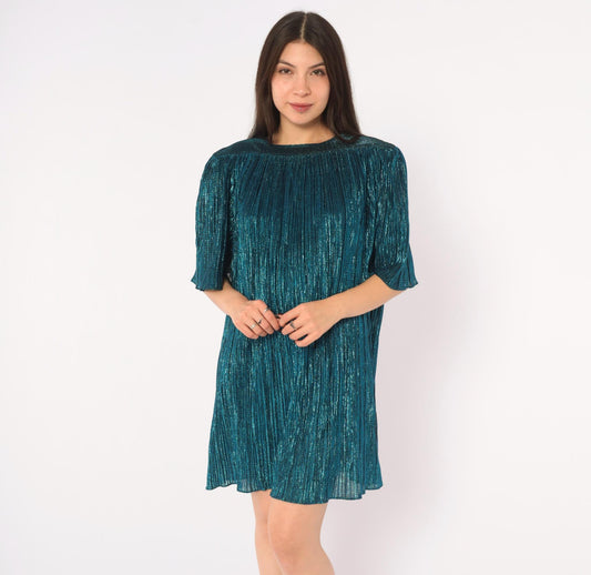 80s Risa Ann Teal Metallic Party Dress Plisse Pleated Flutter Sleeve Large