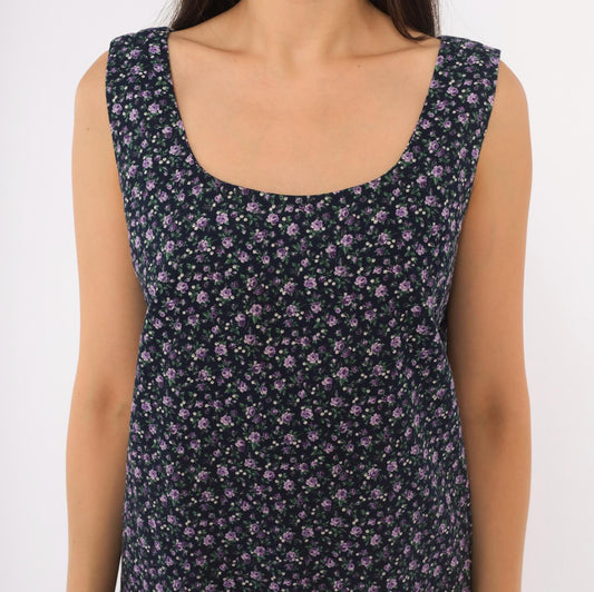 90s Navy Floral Shift Dress Purple Rose Print Sleeveless Cotton Small S