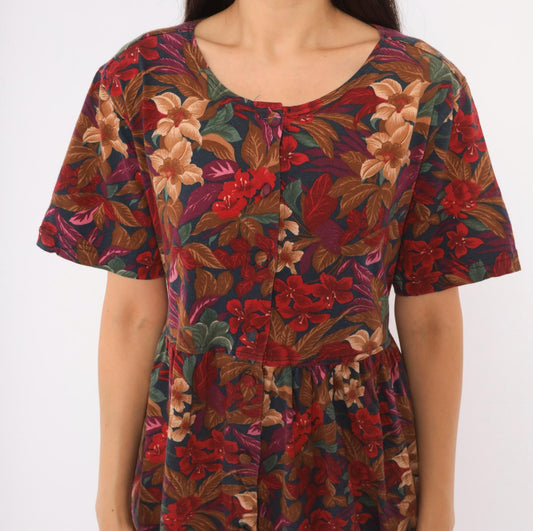 90s Capacity Knits Dark Floral Midi Dress Navy Cotton Button Front Medium M