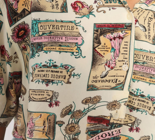 90s Jaspe Crop Top Beige Floral Poster Print Button Front Blouse Medium
