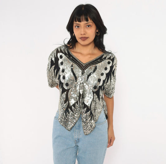 80s Silver Sequin Butterfly Silk Blouse Batwing Sleeve V Neck Medium