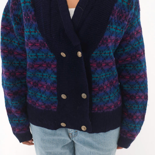 80s Fair Isle Cardigan Navy Wool Blend Shawl Collar Double Breasted Medium M