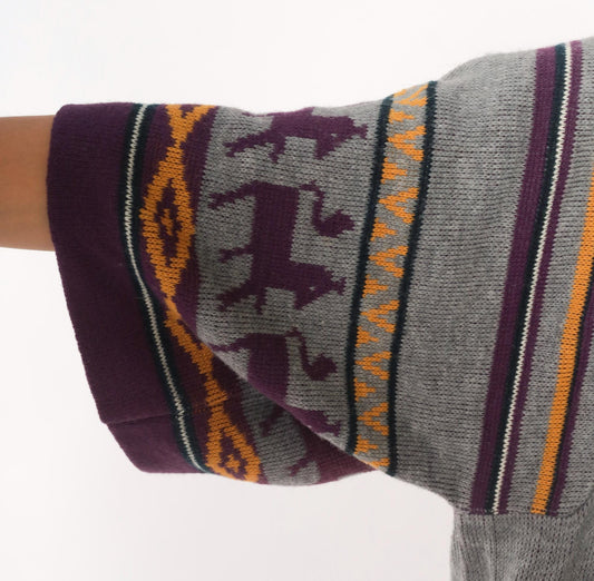 70s Southwestern Cardigan Gray Llama Alpaca Knit Kimono Sleeve Small Medium