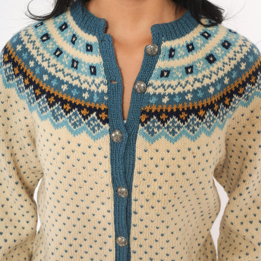 70s Norsk Husflid Fair Isle Wool Cardigan Blue Cream Nordic Knit Small