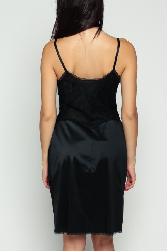 70s Black Lace Slip Dress Sweetheart Neckline Mini Nightgown Small Medium