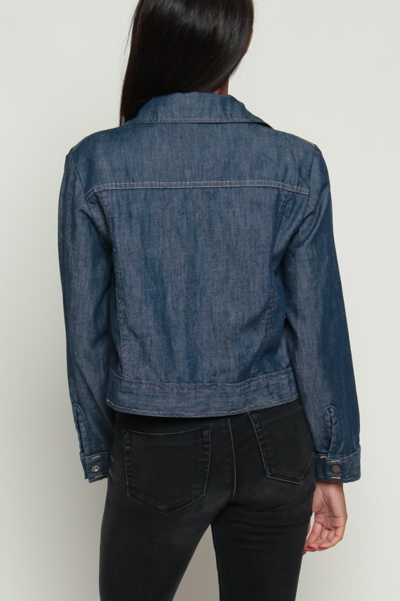 70s Dark Denim Jacket Snap Front Jean Coat Unisex Extra Small