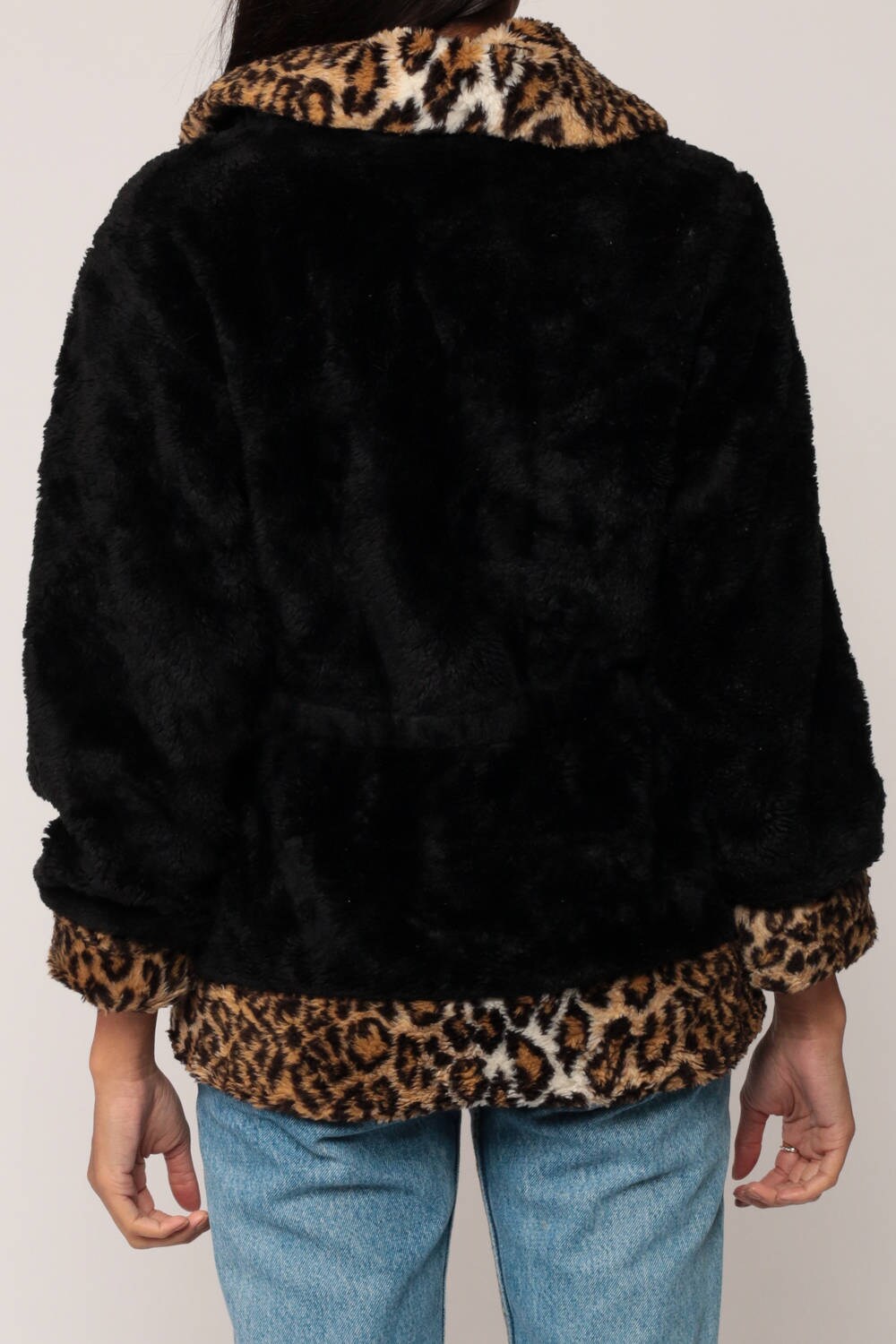 90s Black Leopard Print Faux Fur Jacket Small