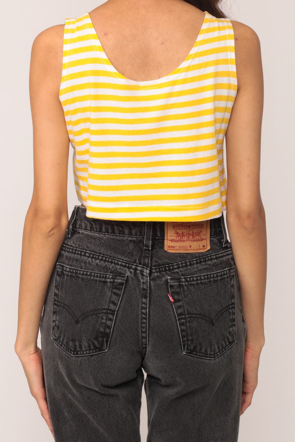 80s Yellow & White Striped Crop Tank Top Medium