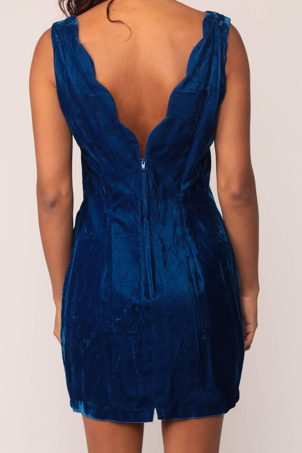 80s Blue Velvet Mini Dress Sleeveless Bodycon Scalloped Back Zip Medium