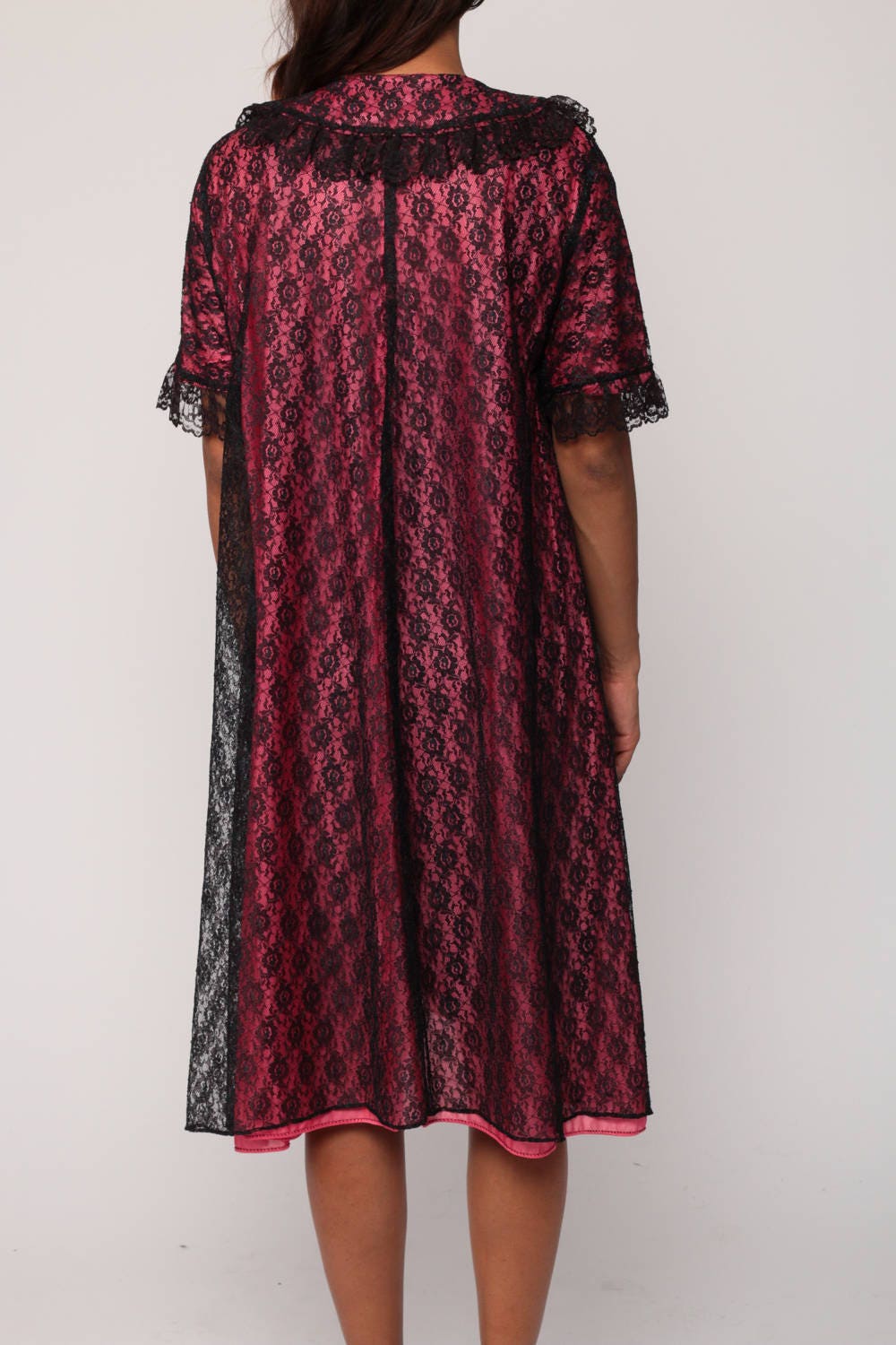 70s Black Lace Lingerie Robe Hot Pink Lining Button-Up Bed Jacket Small