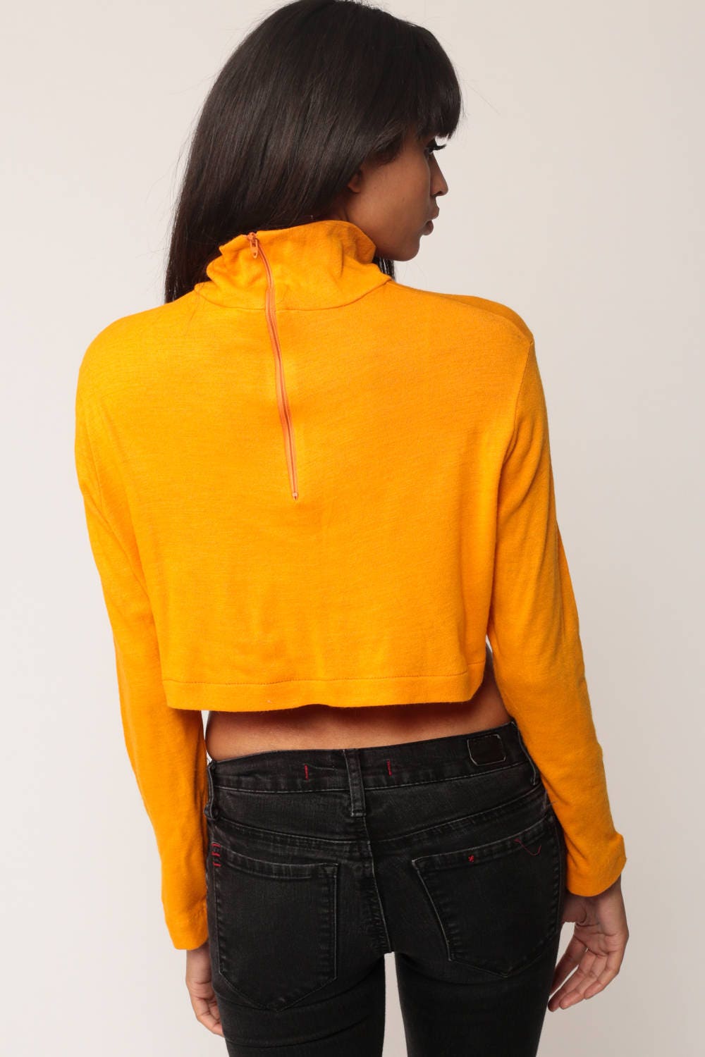 70s Owl Crop Top Yellow Turtleneck Long Sleeve Shirt Medium