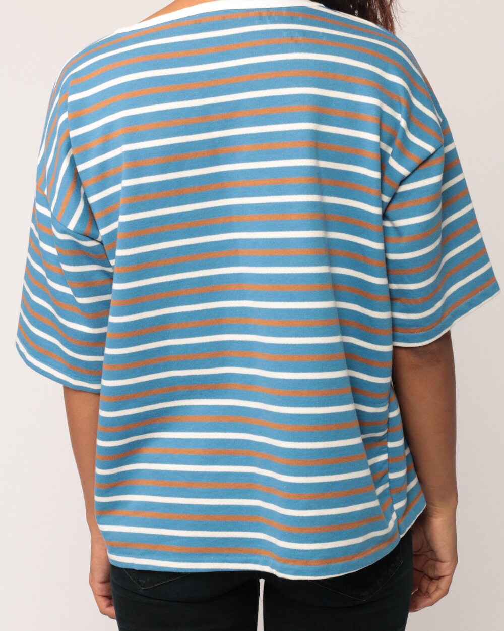 80s Striped T-Shirt Blue White Brown Ringer Tee Short Sleeve Large