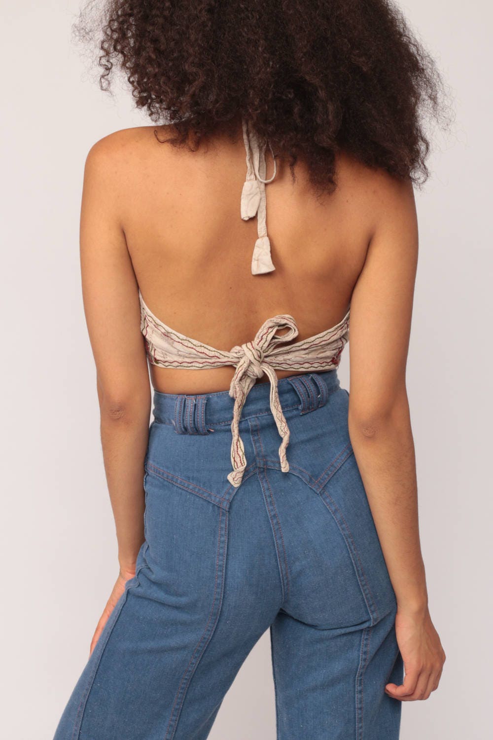 90s Halter Crop Tank Top Floral Embroidered Plaid Trim Taupe Small Medium