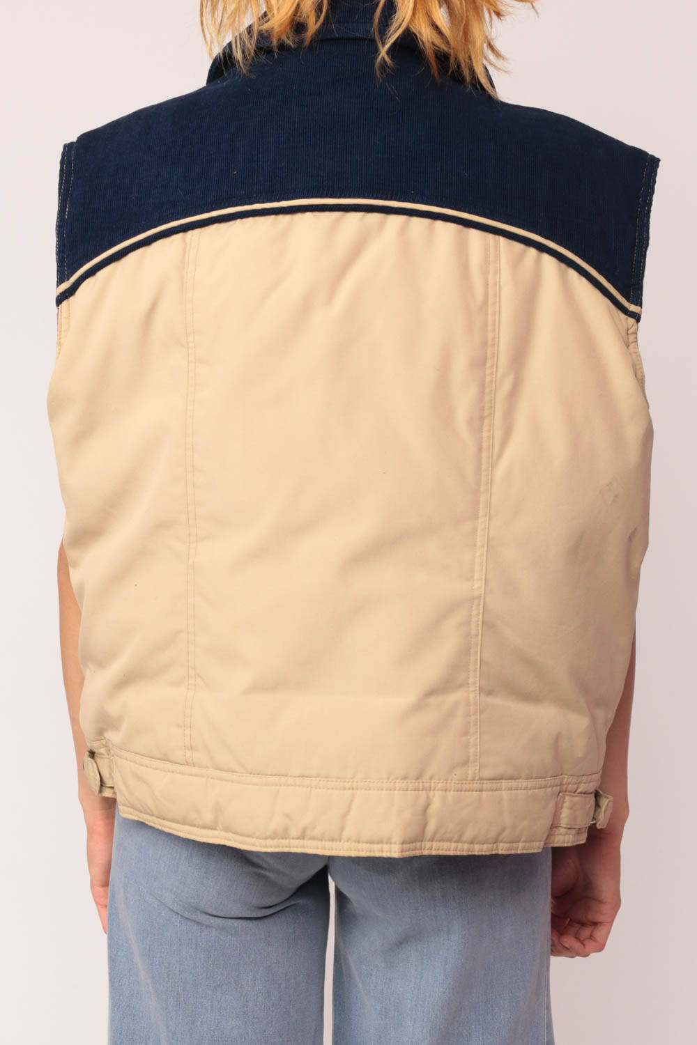80s Puffer Vest Corduroy Colour Block Down Fill Sleeveless Tan Blue Extra Large