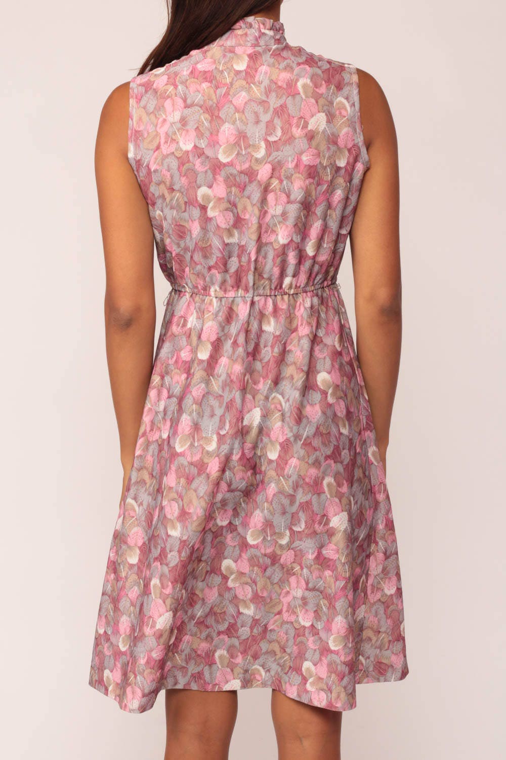 70s Pink Feather Print Sleeveless Dress High Waisted Asymmetrical Button Up Small