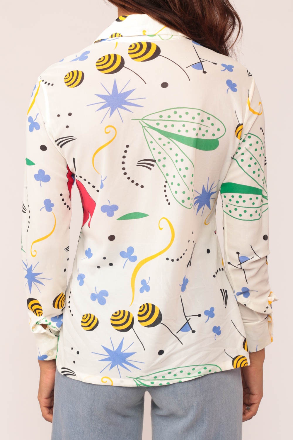 70s Geometric Shapes Button-Up Blouse Clover Star Leaf Print Small Medium