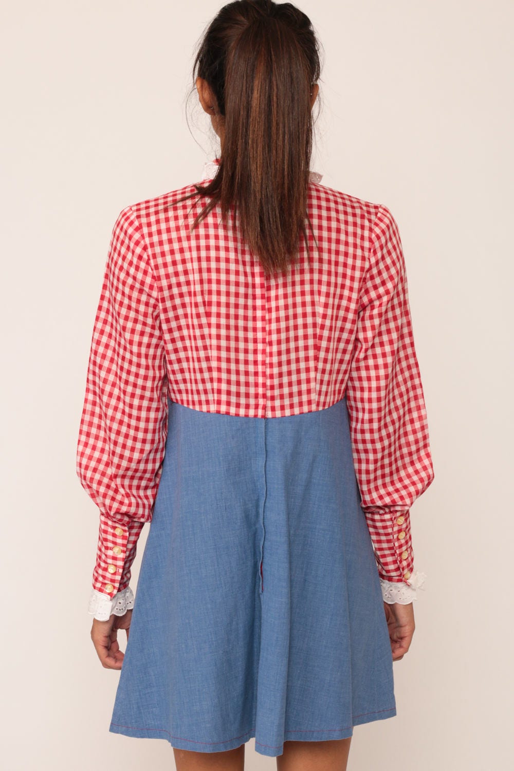 70s Mini Dress Red Gingham Eyelet Lace Collar Empire Waist Medium