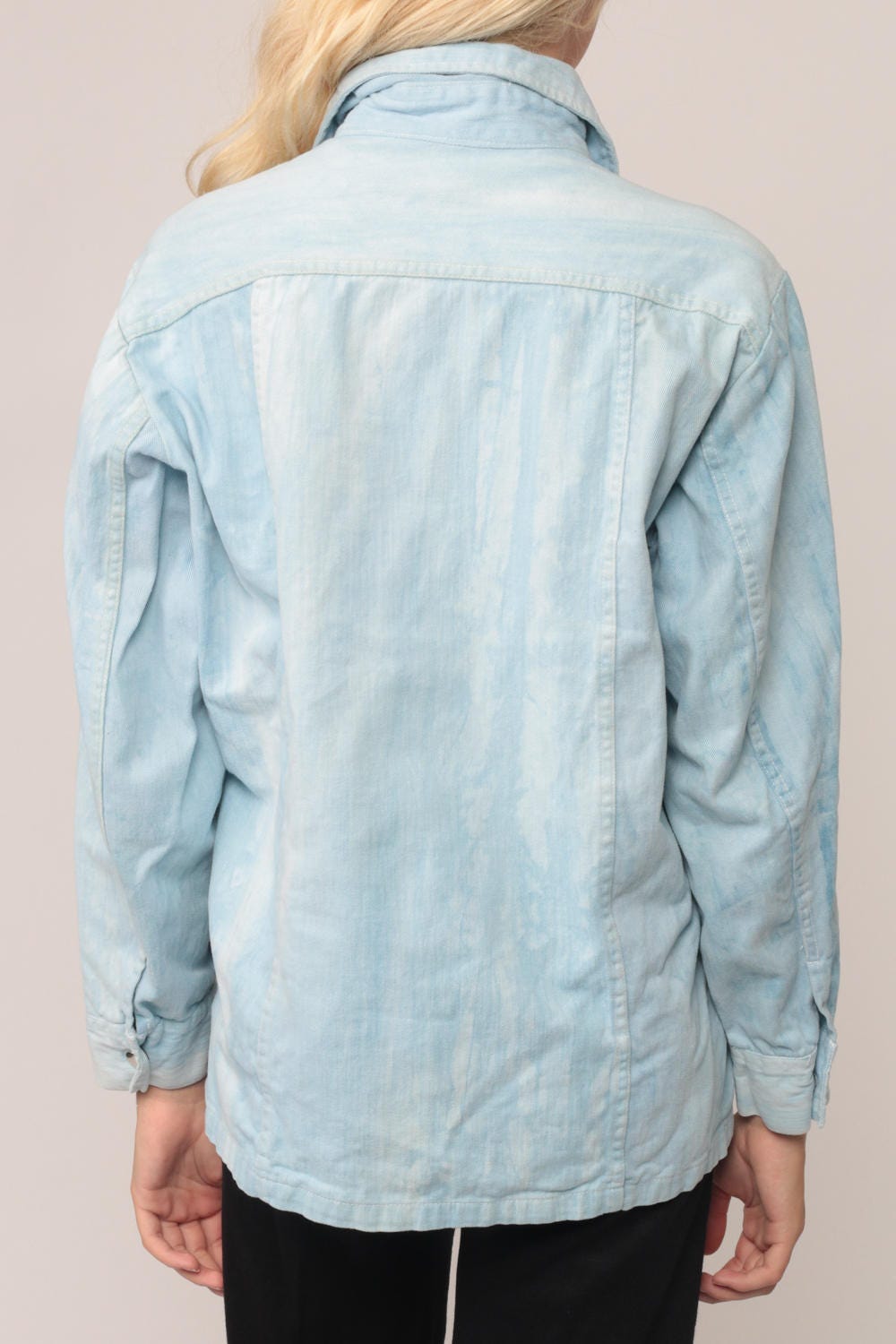 70s Blue Denim Button-Up Shirt Long Sleeve Snap Front Large