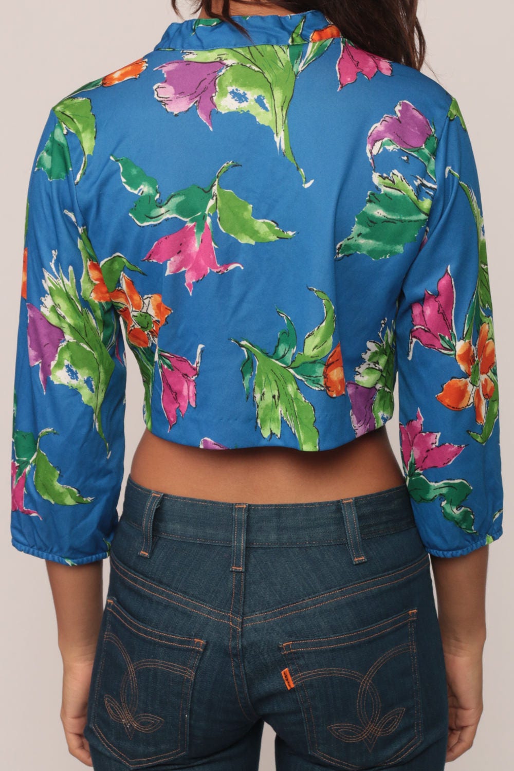 70s Blue Floral Crop Blouse Long Sleeve Button Up Small Medium
