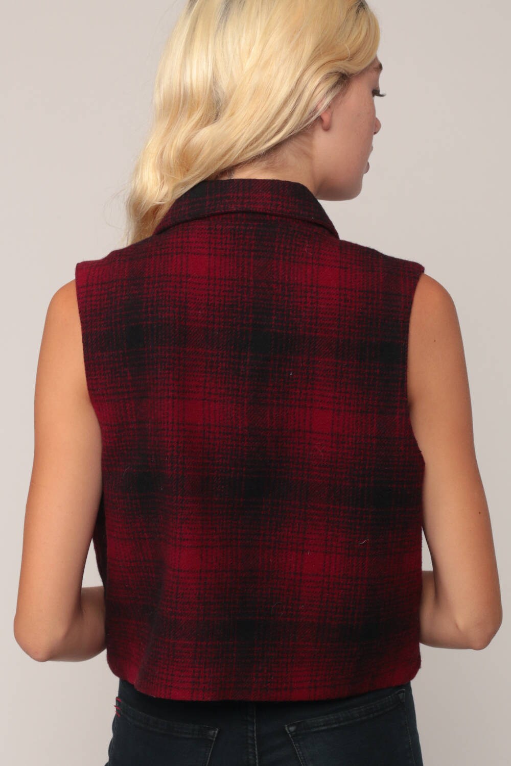 90s Black Red Plaid Wool Vest Zip-Up Sleeveless Medium