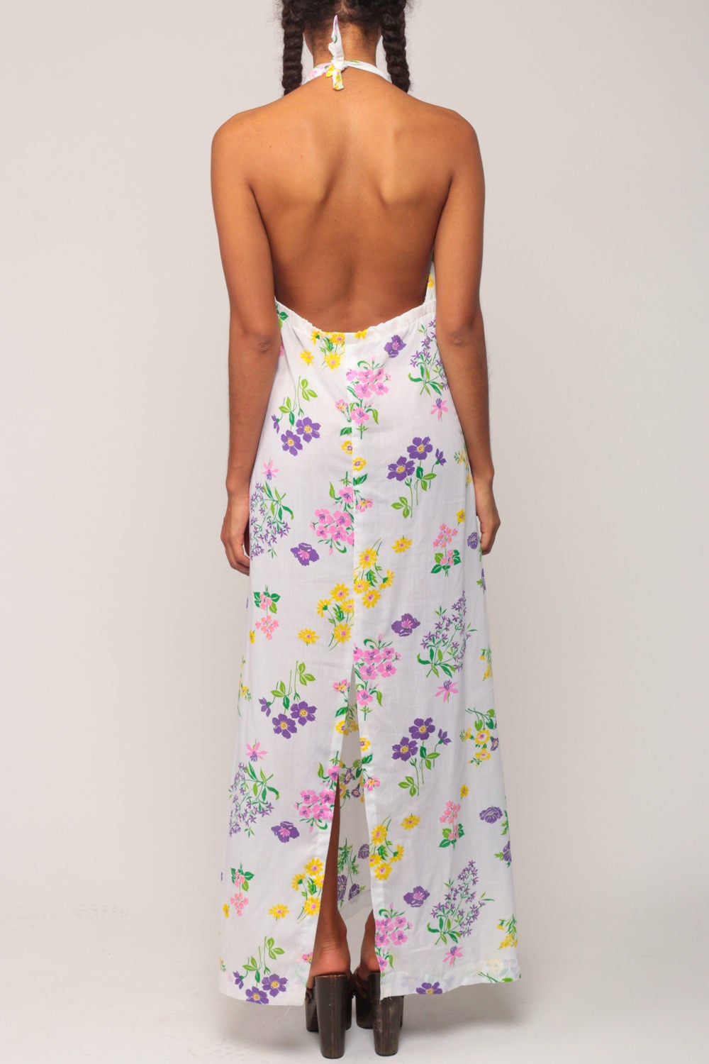70s White Floral Halter Maxi Dress Deep V Backless Sundress Large