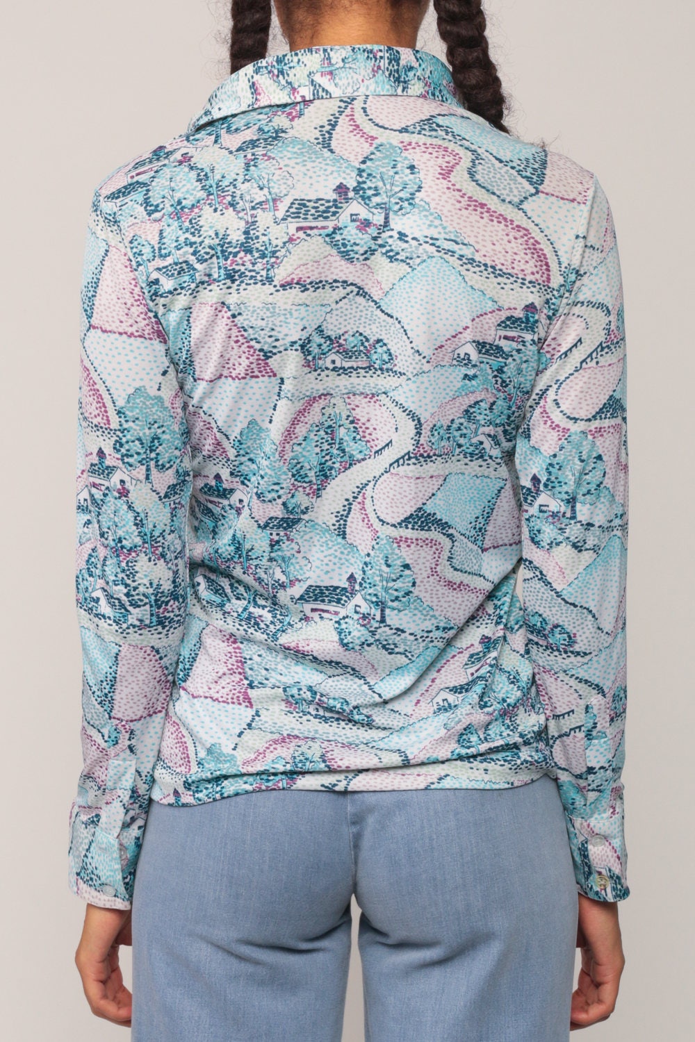 70s House Tree Print Button Up Shirt Blue Long Sleeve Blouse Medium