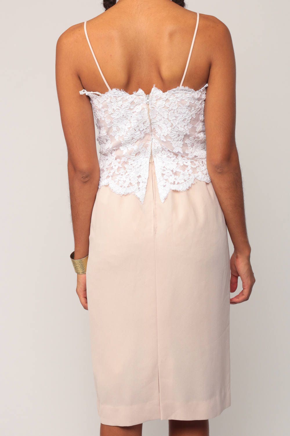 70s White Lace Midi Dress Spaghetti Strap High Waist Nude Skirt Extra Small