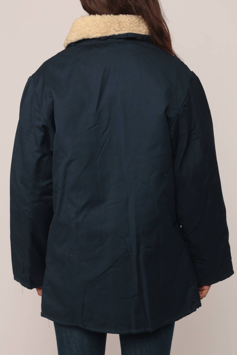 70s Dark Blue Sherpa Collar Jacket Faux Fur Lining Winter Coat Medium