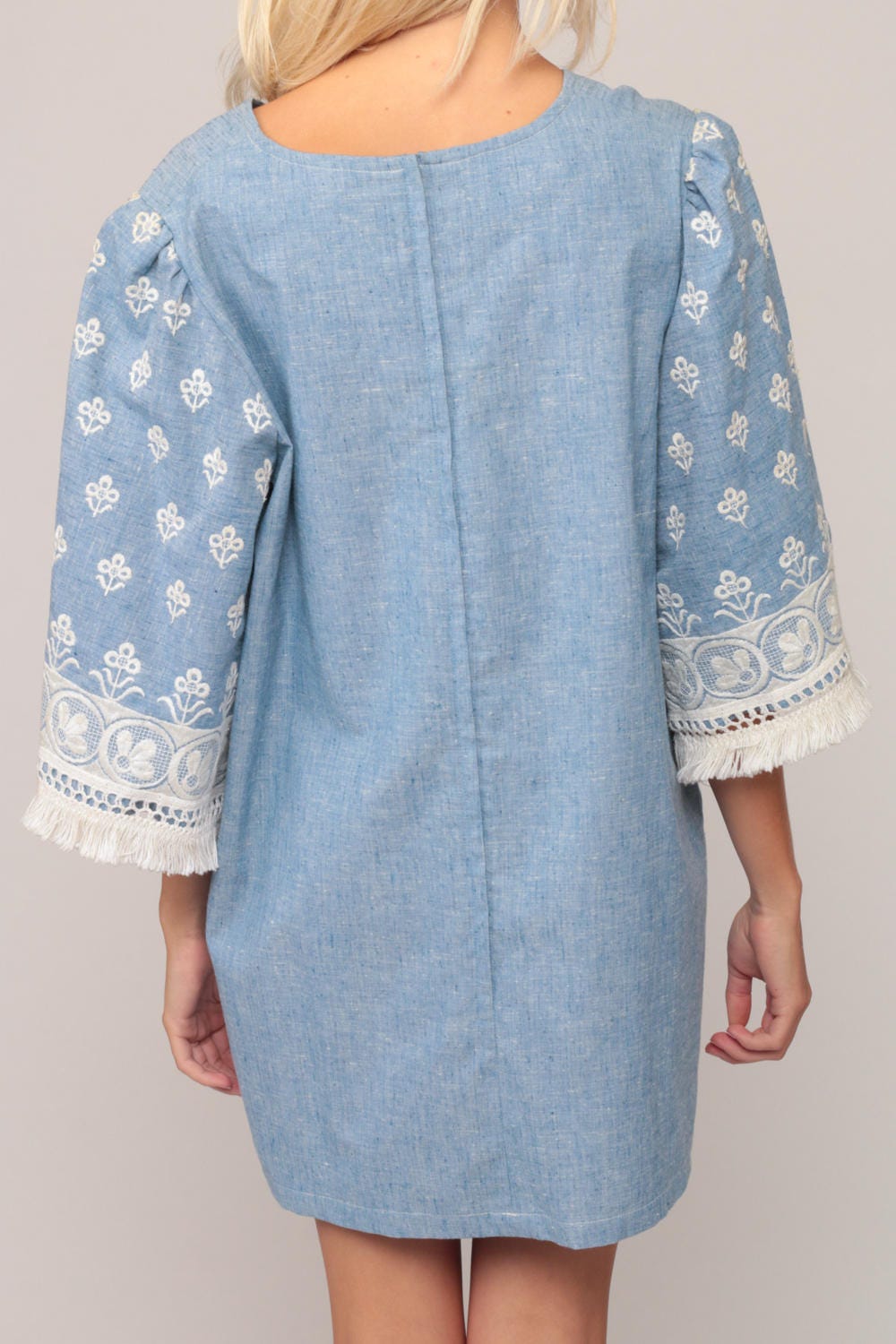 70s Blue Embroidered Mini Dress Bell Sleeve Fringe Caftan Extra Large XXL