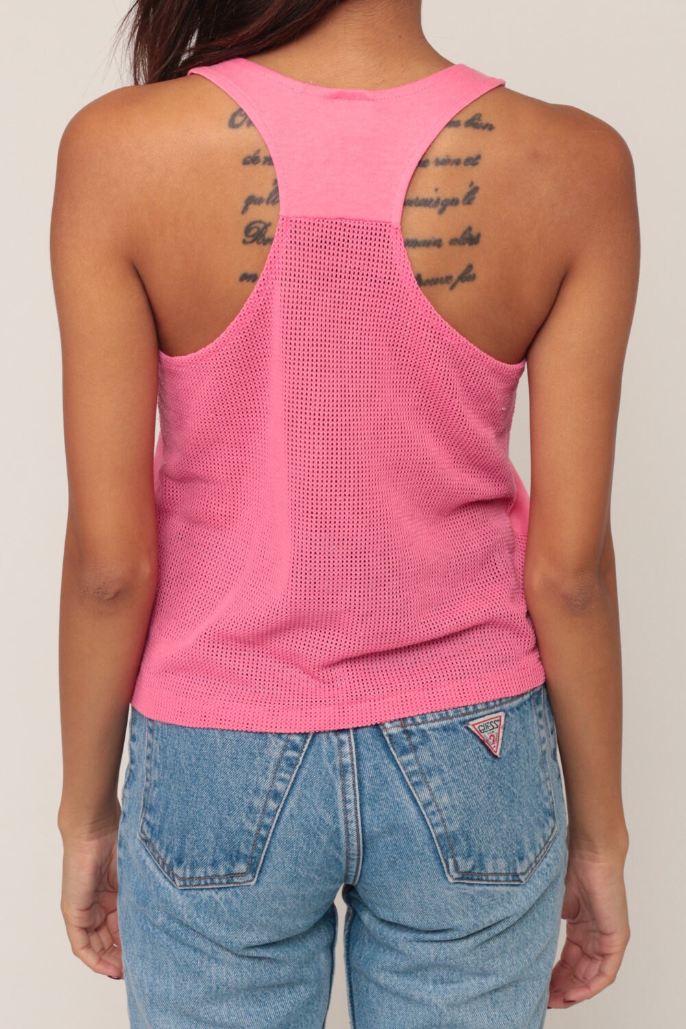 80s Pink Mesh Racerback Tank Top Sheer Sleeveless Medium