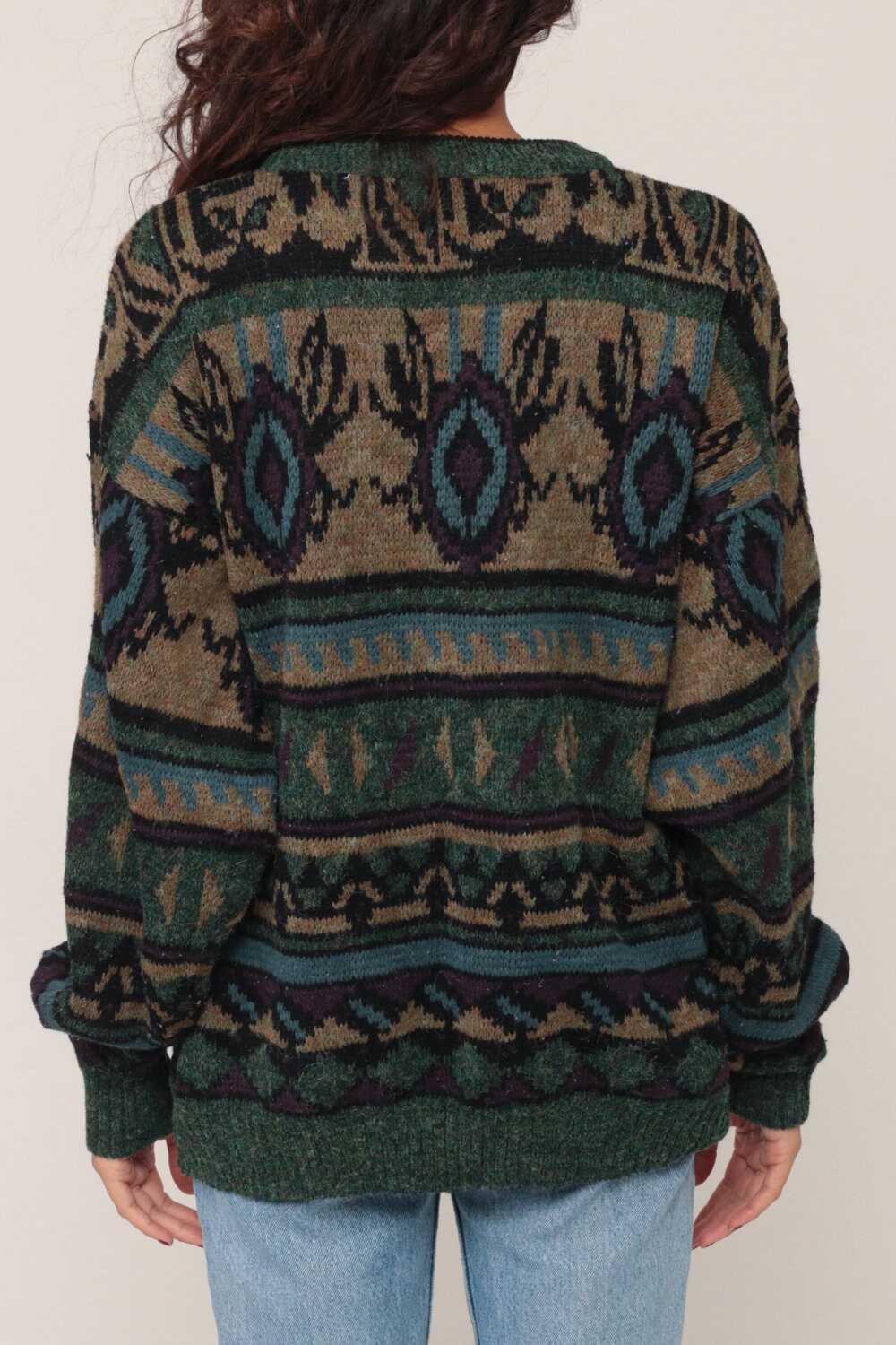 80s Wool Blend Striped Geometric Knit Sweater Green Pullover Extra Large
