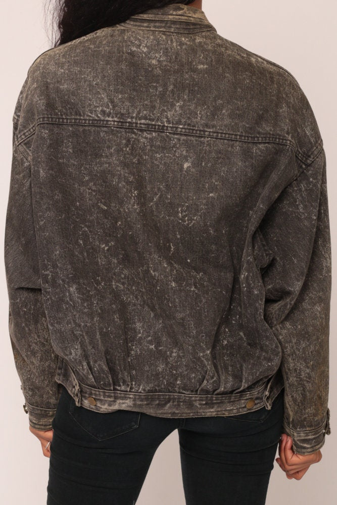 80s Grey Acid Wash Denim Jacket Distressed Unisex Button Up Extra Large XL