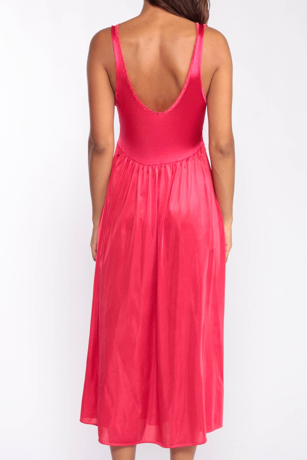 80s Red Lace Nightgown Midi Slip Dress Empire Waist Medium