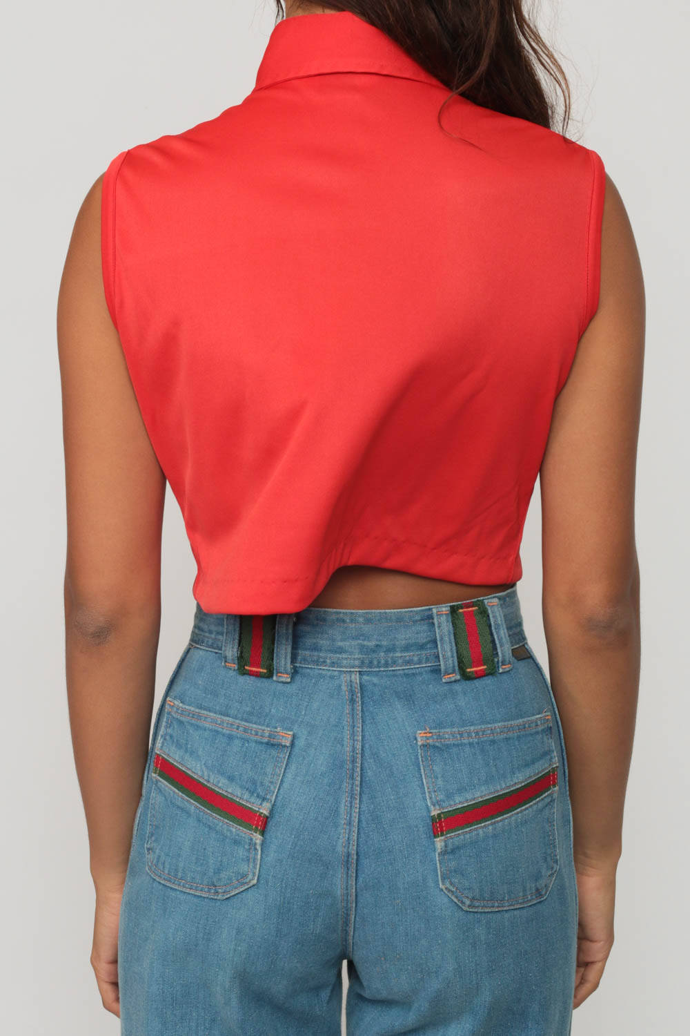 70s Red Sleeveless Tank Top Crop Polo Button-Up Large