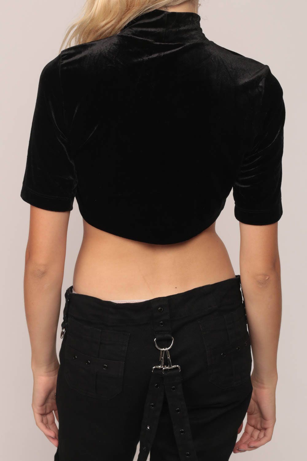 90s BCBG Black Velvet Crop Top High Neck Short Sleeve Small