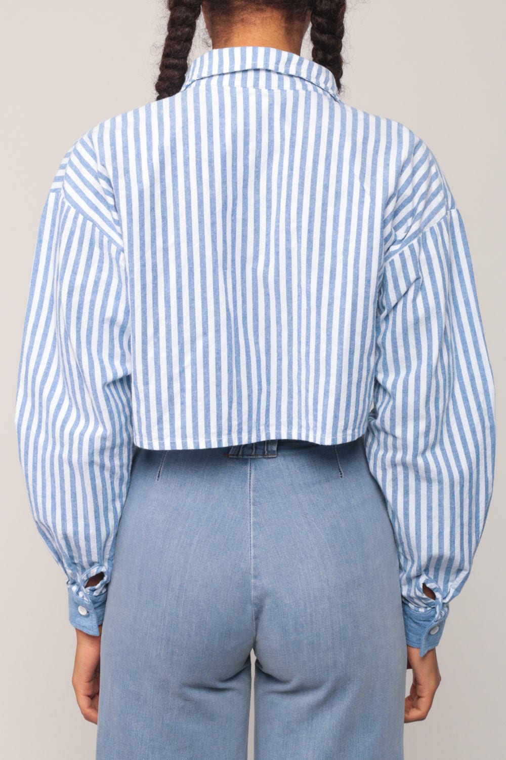 80s Chambray Striped Crop Top Button-Up Blouse Long Sleeve Blue White Small