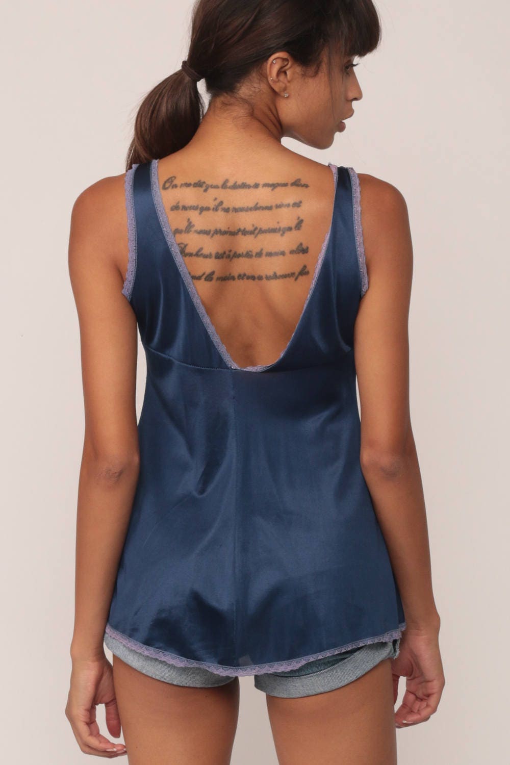 80s Blue Nylon Lace Camisole V-Neck Lingerie Top Small
